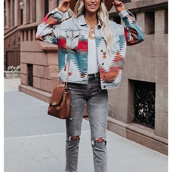 Multicolor‎ Aztec Tribal Print Button Down Denim Jean Jacket Coat Shacket - Picture 5 of 7
